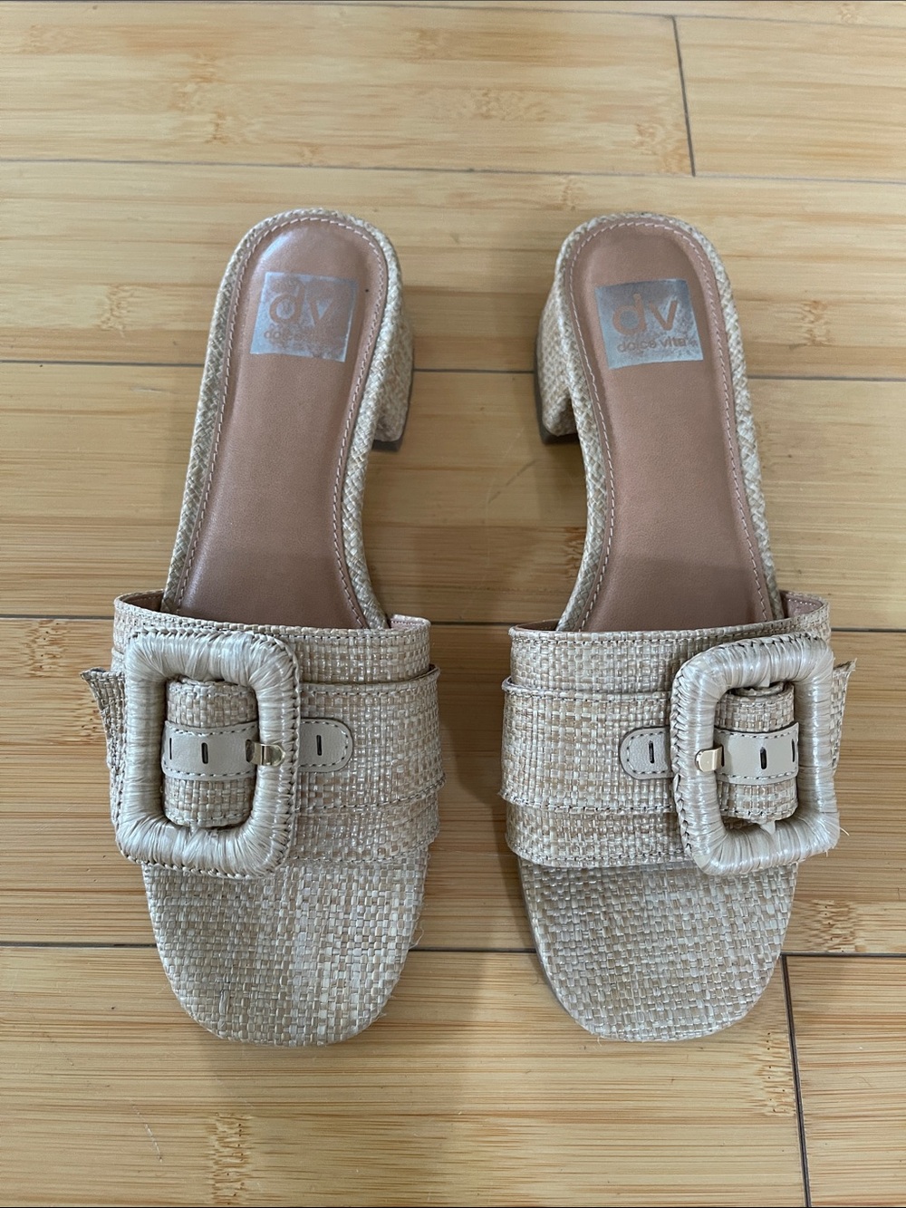 Woven Dolce Vita Raffia Buckle Slide Heels Sandals Neutral Beige 7.5